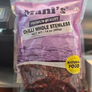 Manis Chilli Whole Stemless in a 400g package, dried and stemless for cooking.