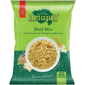 Garvi Gujrat Bhel Mix packaging featuring a colorful design for a popular Indian snack.