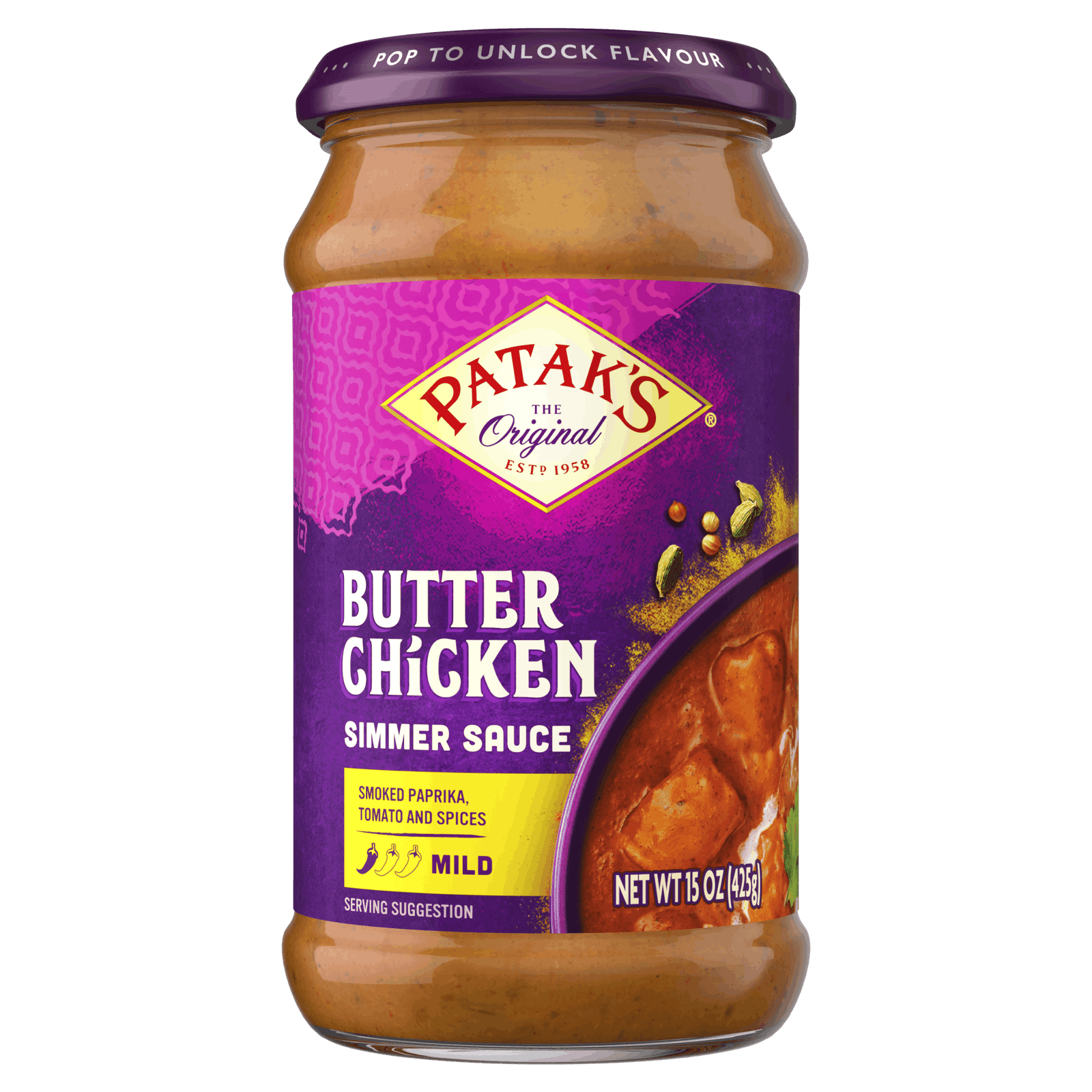 Butter chicken curry sauce in a jar from Pataks, 425g.