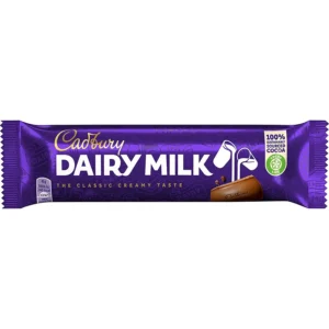Cadbury Dairy Milk Chocolate bar in a 45g size, showcasing its creamy texture and rich cocoa flavor.