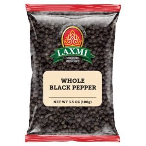 Whole black peppercorns in a 100g package by Laxmi.