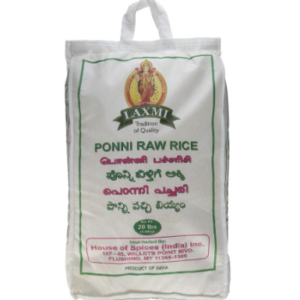20 lb package of Laxmi Ponni Raw Rice, ideal for Indian cooking