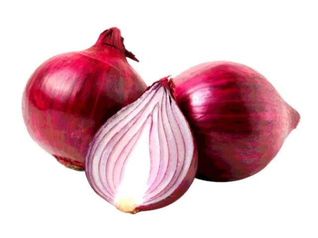 Fresh red onions on a white background