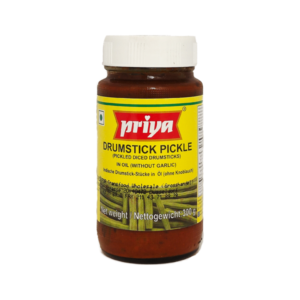 Priya Drumstick Pickle in a 300g jar, showcasing its spicy and tangy flavor.
