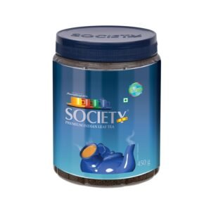 A box of Society Leaf Tea with fresh tea leaves, showcasing a refreshing beverage option.