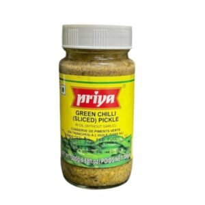 Jar of Priya's Green Chilli Pickle, a spicy condiment for meals