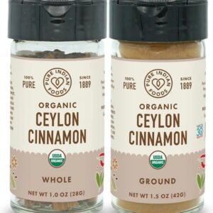 Pure Indian Foods - Cinnamon (Ceylon True), Certified Organic Ground 1.5 oz Glass Bottle