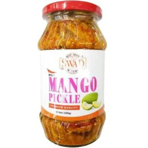 Swad mild mango pickle in a jar, perfect for enhancing meals.