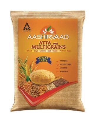 Aashirvaad Multigrain Atta packaging featuring a variety of healthy grains.