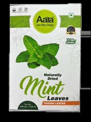 Dried mint leaves in a 100gm pack by Aara for cooking and garnishing.