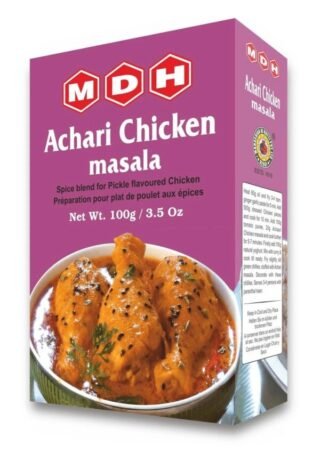 MDH Achari Chicken Masala spice blend packaging featuring vibrant colors and design