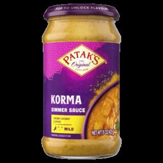 Pataks Korma Simmer Sauce 15 Oz in a jar with spices and ingredients