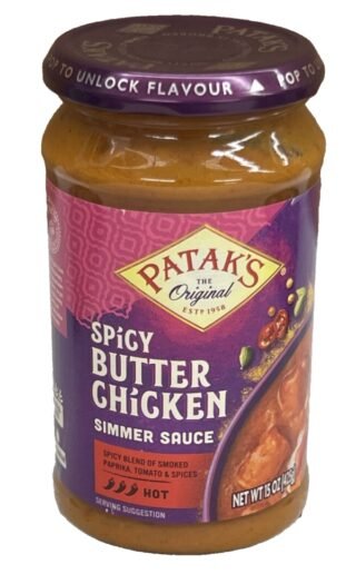 Patak's Butter Chicken Simmer Sauce in a jar with a vibrant label