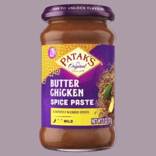 Pataks Butter Chicken Spice Paste in a jar with a rich orange color.