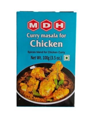 MDH Chicken Curry Masala packaging, 100 gm size, featuring vibrant colors and spice blend imagery.