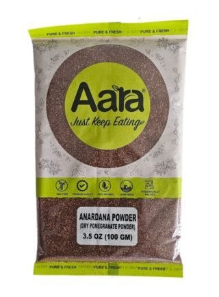 Aara Anardana Powder made from dried pomegranate seeds in a packaging display.
