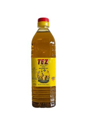 Bottle of Tez Mustard Oil, cold-pressed from premium mustard seeds.