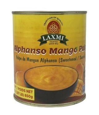 Container of Laxmi Alphonso Mango Pulp, 850 gm pack
