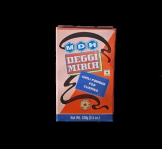 MDH Deggi Mirch spice powder in a 100g pack, ideal for enhancing dishes with natural flavor.