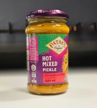 Patak's Original Hot Mixed Pickle jar with a spicy blend of zesty spices.