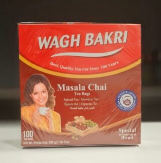 Wagh Bakri Masala Chai Tea Bags packaging with a blend of spices