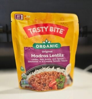 Tasty Bite Organic Madras Lentils pack, 285g, featuring authentic Indian flavors.