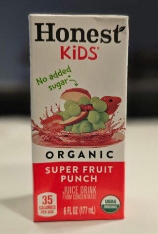 Honest Kids Organic Super Fruit Punch Juice Drink in a colorful packaging.