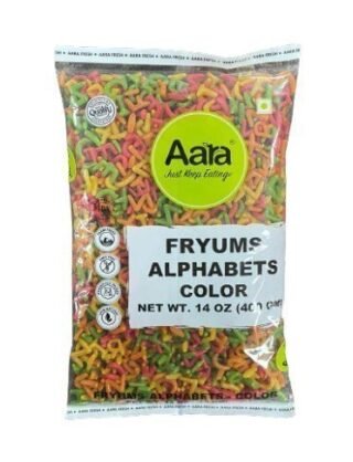 Aara Fryums shaped like alphabet letters, a fun snack for kids.
