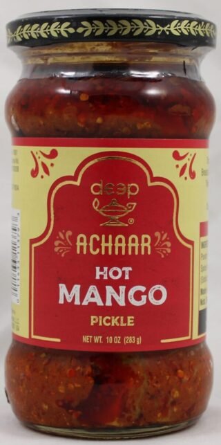 Jar of Deep's Hot Mango Pickle, showcasing its vibrant color and packaging.