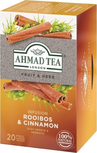 Box of Ahmad Tea's Fruit and Herb Tea infused with Rooibos and Cinnamon, 20 foil bags