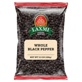 Whole black peppercorns in a 100g package by Laxmi.