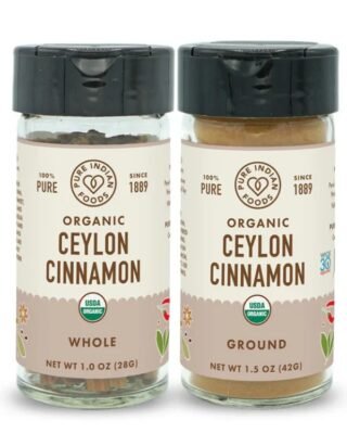 Organic Ceylon cinnamon powder in a glass bottle from Pure Indian Foods, 1.5 oz.