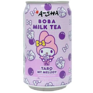 Hello Kitty and My Melody themed boba milk tea in taro flavor, 310ml packaging.