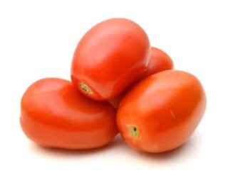 Fresh Roma tomatoes on a wooden surface, ideal for sauces and salads.