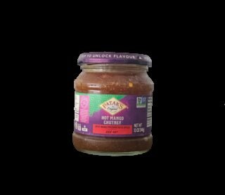 Patak's Hot Mango Chutney in a jar, 12 oz size, featuring a vibrant label.