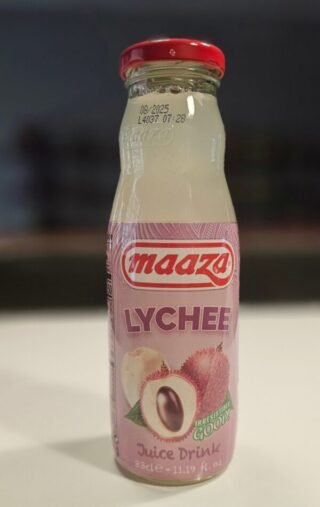 Maaza Lychee Juice Drink in a bottle, refreshing tropical beverage.