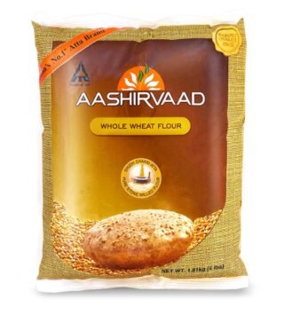 Aashirvaad Whole Wheat Flour in a 4 lb package for healthy cooking and baking.