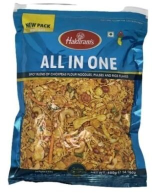 Haldirams All in One Snack Mix 400gm packaging featuring a colorful mix of Indian snacks.