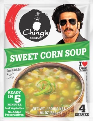 Ching's Sweet Corn Soup packaging featuring a vibrant design.