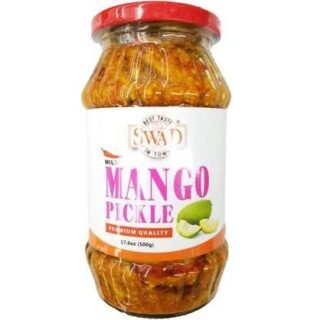 Swad mild mango pickle in a jar, perfect for enhancing meals.